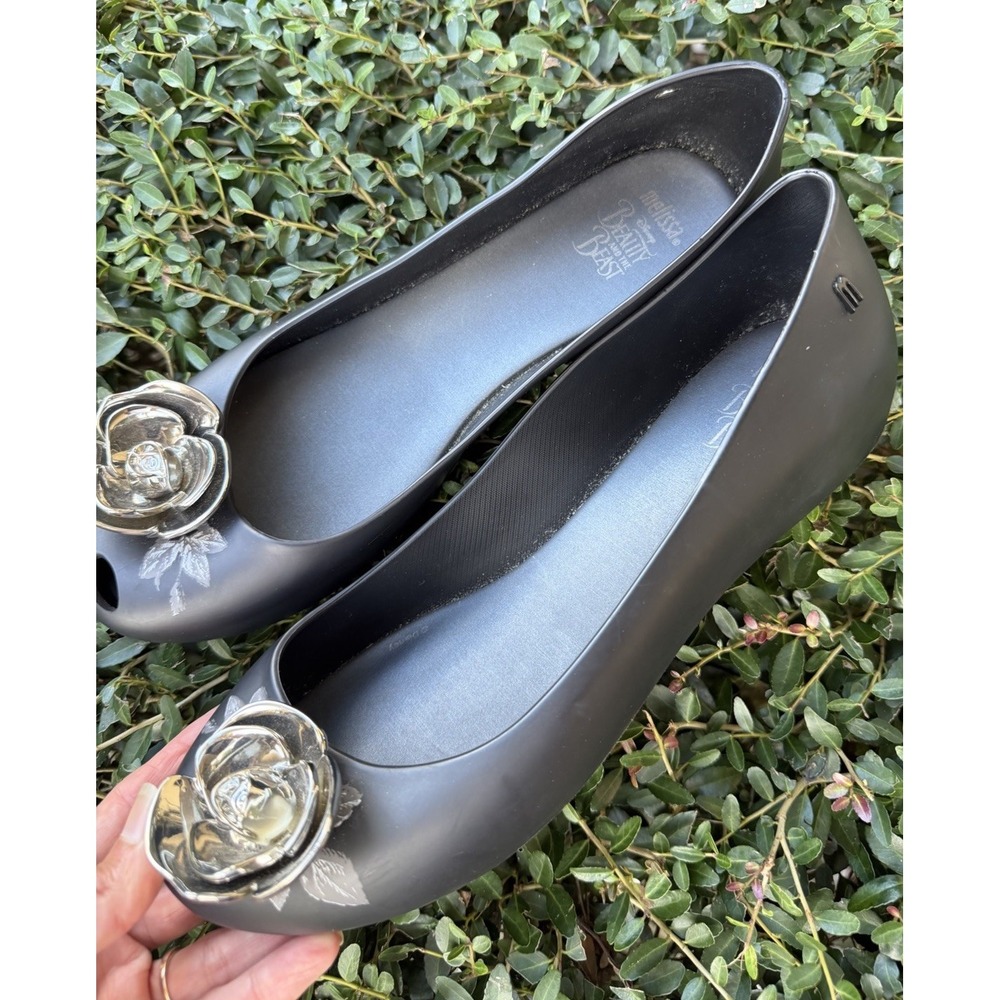 Melissa Disney Beauty and the Beast Flats Size 10 Black Silver Rose Limited Ed